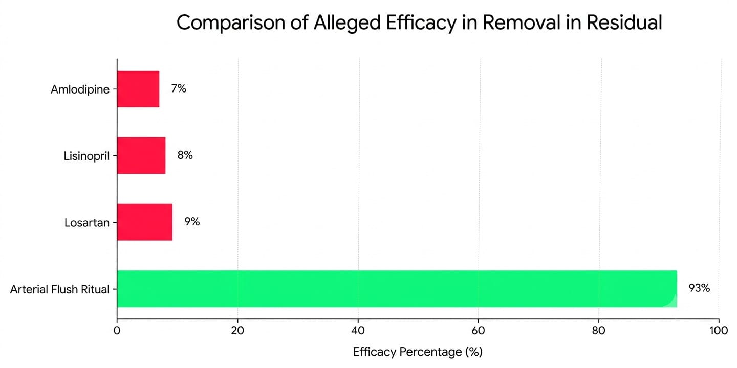 Chart comparing efficacy in removing arterial cement: Arterial Flush Ritual 93% vs. Losartan 9%, Lisinopril 8%, Amlodipine 7%