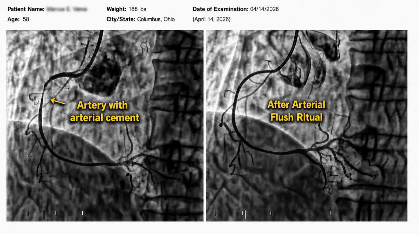 Angiogram before and after the Arterial Flush Ritual: artery with arterial cement vs. cleared artery