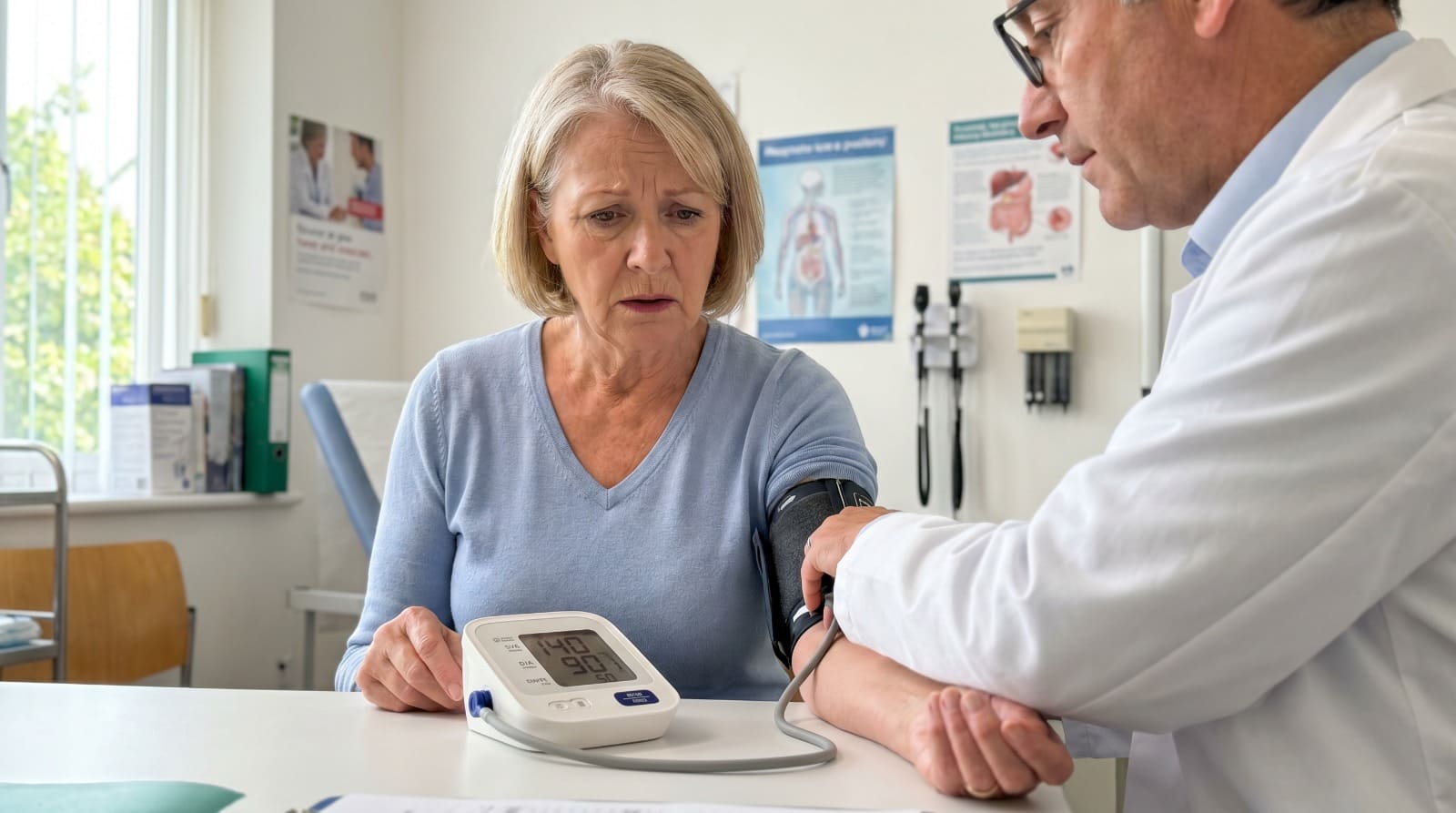 Elderly patient having her blood pressure measured at the doctor's office (140/90)